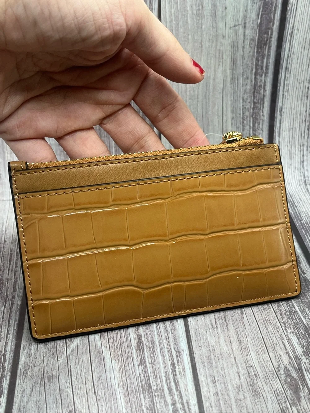 NWT MICHAEL KORS Jet Set Travel Croc Leather Zip Card Case Wallet - Camel/ Deer